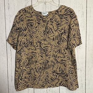 Due per Due 100% Silk Brown Animal Print Flowy Short Sleeve Blouse Size 16